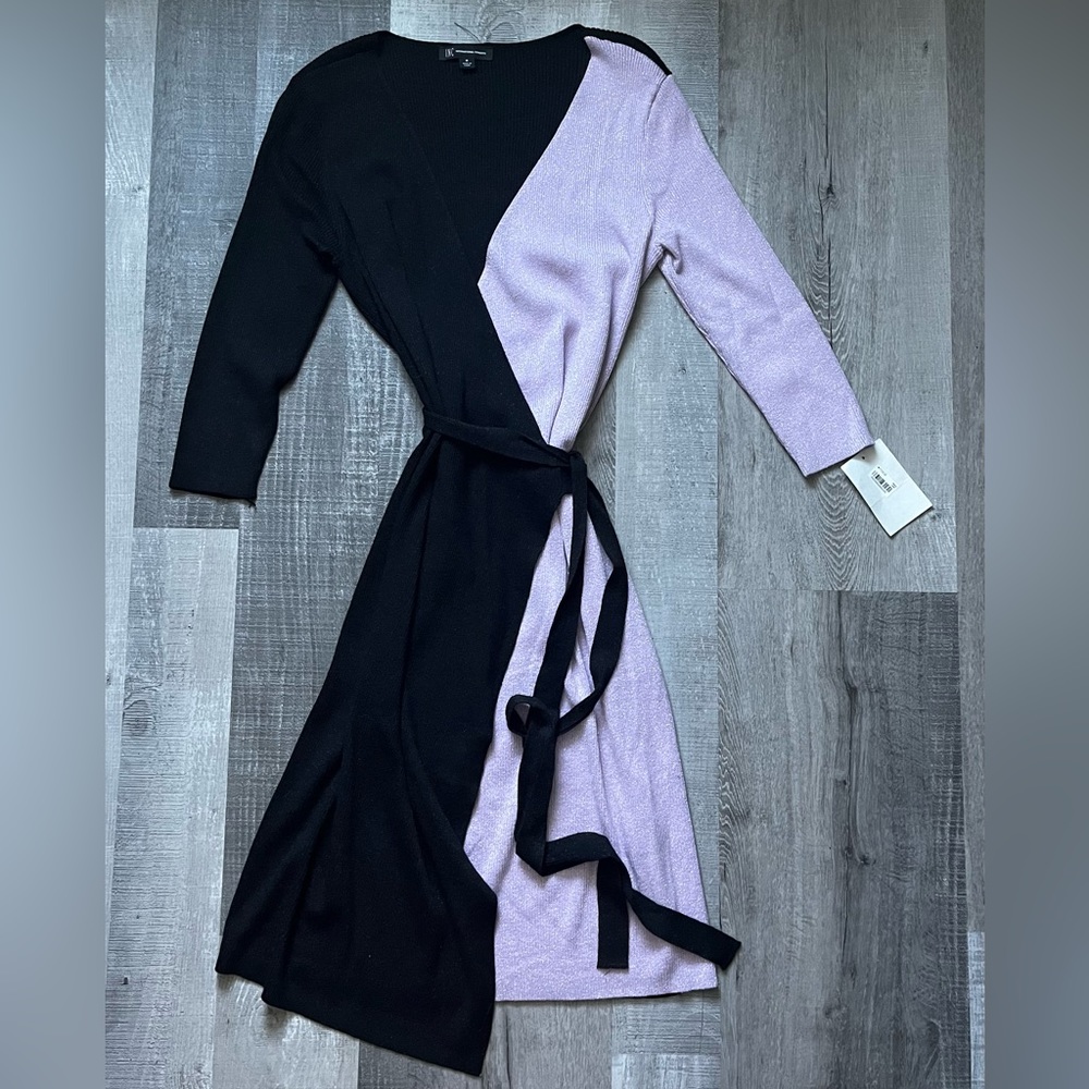 NWT INC Black & Lavendar Sweater Shimmer Wrap Dress Size M